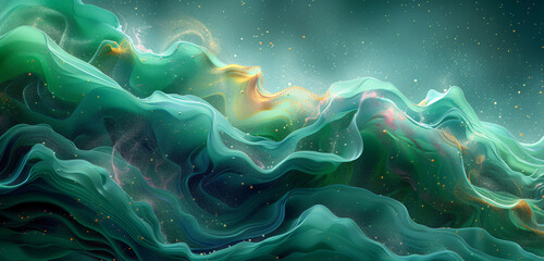 Aufkleber - An ethereal abstract design depicting waves in shades of green and hints of color, conveying a sense of movement and depth in a cosmic setting.