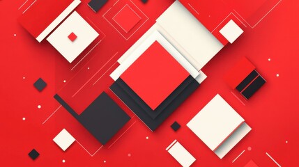 Wall Mural - Eyecatching red background with dynamic abstract squares for a modern, sporty vibe and a fresh cartoon touch.