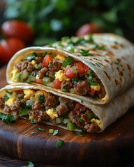 A close-up of two burritos filled with meat, vegetables, and herbs on a wooden board.