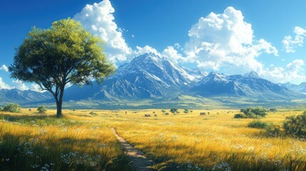 Sticker - Scenic landscape with mountains, a tree, and a grassy path.