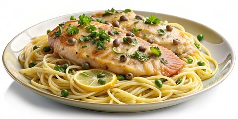 Chicken piccata with lemon caper sauce over spaghetti pasta isolated cutout on background, Chicken, Piccata, Lemon, Caper