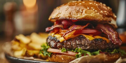 Sticker - Close up of a delicious cheeseburger with bacon and beef on a plate