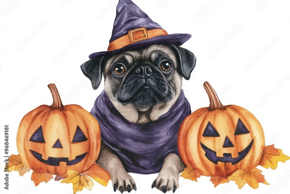 A watercolor illustration of a pug wearing a witch hat and purple cloak ...