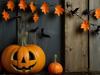 Wall Mural - halloween pumpkin on a wooden background