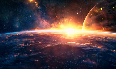 Poster - A stunning cosmic scene depicting a sunrise over Earth from space, with vibrant colors illuminating the atmosphere, showcasing the beauty of our planet.