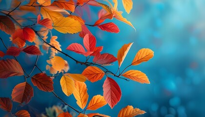 Wall Mural - Autumn Leaves Bursting with Color Against a Tranquil Blue Backdrop, Celebrating Natures Vibrant Palette