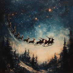 Canvas Print - A whimsical night scene featuring reindeer flying through a starry sky.