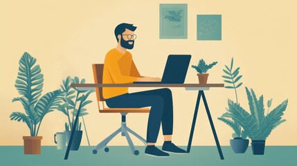 Wall Mural - Man Working on Laptop in Home Office