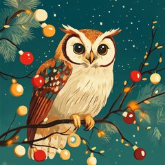 Sticker - A whimsical owl perched on a branch adorned with colorful ornaments against a snowy backdrop.