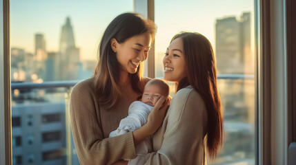 Two mothers are smiling at each other while holding their newborn baby near a window with a city view in the background