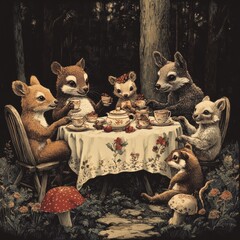 Sticker - A whimsical tea party with various woodland animals gathered around a table in a forest setting.