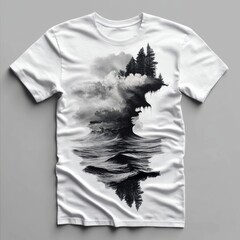 Sticker - A white t-shirt featuring a surreal design of waves and trees, blending nature and art.