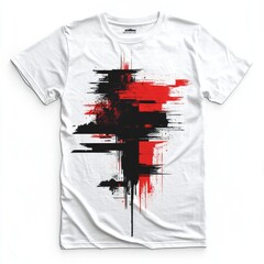 Sticker - A white t-shirt featuring an abstract design in red and black paint strokes.