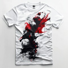 Canvas Print - A white t-shirt featuring an abstract design with splashes of red and black paint.