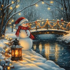 Wall Mural - A winter scene featuring a snowman, bridge, and lantern amidst falling snow and festive lights.