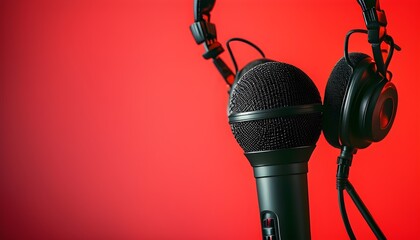 Retro microphone and headphones against a bold red backdrop