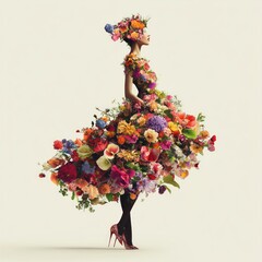 Wall Mural - A woman adorned in a vibrant floral dress, showcasing nature's beauty and artistic fashion.