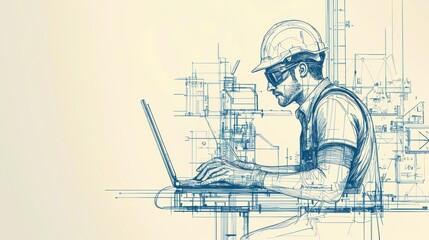 Poster - Engineer Examining Blueprint on Laptop in Industrial Workspace