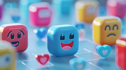Poster - 3D rendered smiling emojis on a digital grid, representing positivity and communication in the digital world.