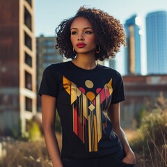 Sticker - A woman poses outdoors in a stylish graphic t-shirt with a colorful design.