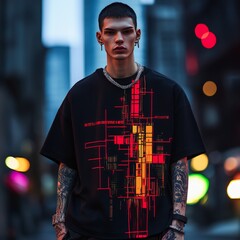 Canvas Print - A young man in a graphic t-shirt stands in a cityscape with vibrant lights.