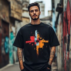 Canvas Print - A young man poses in a graffiti-filled alley, wearing a graphic t-shirt with vibrant colors.