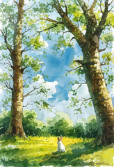 Wall Mural - Whimsical Forest Scene with Bunny and Trees