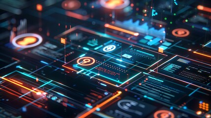 Fototapete - Abstract representation of digital interface with glowing lines and icons for illustrating interconnected technology network data flow and futuristic communication concept.