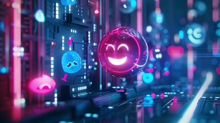 Poster - Glowing smiley face emoji is the main focus in a futuristic, neon-lit, digital space. The emoji is displayed in a spherical shape, suggesting a virtual world.