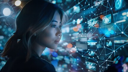 Fototapete - woman looking at a screen full of digital data and network connections representing modern technology and the future.