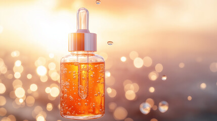 Transparent glass dropper bottle with orange liquid and oxygen bubbles on background