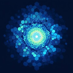 Poster - Abstract blue hexagonal pattern radiating from a central light source.