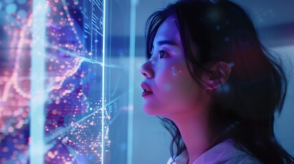 Fototapete - Woman gazing intently at a futuristic interface, filled with data and graphics, reflecting a vision of advanced technology innovation.