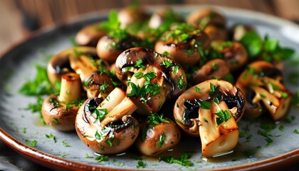 Gourmet grilled mushrooms with fresh herbs on a plate, celebrating vegetarian cuisine, healthy eating, and culinary artistry