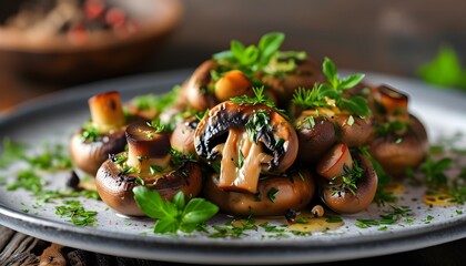 Gourmet grilled mushrooms with fresh herbs on a plate, celebrating vegetarian cuisine, healthy eating, and culinary artistry