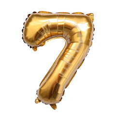 A shiny gold foil number seven balloon floats in a neutral space, cut out, png, isolated on white background, full depth of field