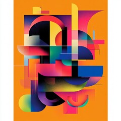 Sticker - Abstract composition with vibrant colors and geometric shapes on an orange background.