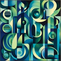 Wall Mural - Abstract geometric composition featuring various shapes and shades of blue and green.