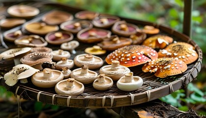 Wall Mural - Naturally Dried Mushrooms in an Outdoor Setting Celebrating Traditional Food Preservation and Rustic Culinary Techniques