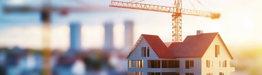 New Home Construction with Crane and Sunset Background