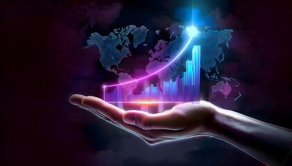 Concept of futuristic marketing analysis, holographic graph showing company financial statistics in the hands of a businessman or executive.