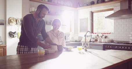 Wall Mural - Couple, man or woman and coffee in kitchen for morning breakfast, caffeine or wellness in home with sunlight. People, espresso and porridge on weekend for peace, relax and romance with love or care