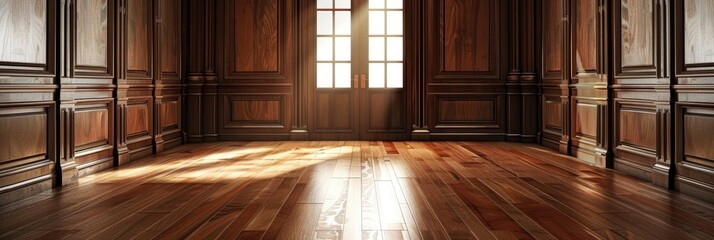 Poster - Empty room featuring a door and hardwood flooring in an elegant environment.