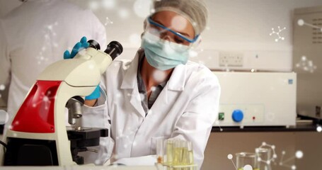 Poster - Animation of molecules over biracial female scientist in laboratory