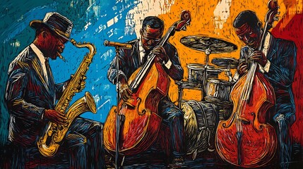 Energetic Jazz Trio Performing in Abstract Colorful Composition