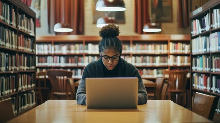 Young Woman Studying in Library with Laptop