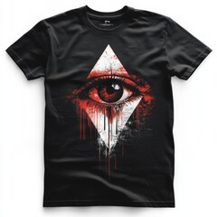 Wall Mural - Black t-shirt featuring a stylized eye and geometric design.