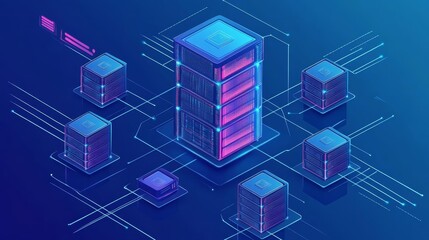 Wall Mural - Isometric Server Network Illustration with Glowing Lines