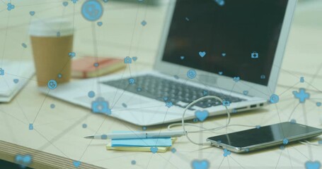 Poster - Animation of network of connections with icons over empty office with laptop