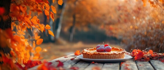 Wall Mural - Autumn Delight: A Cozy Tart Amid Vibrant Fall Foliage